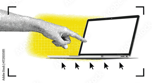 A hand pointing at a laptop screen with a yellow background and cursor icons.