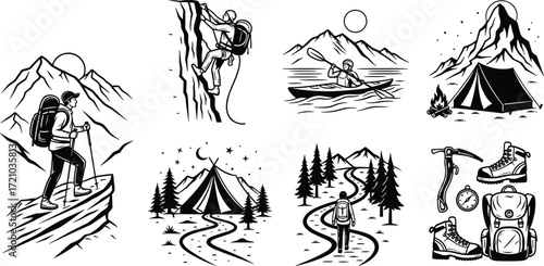 Outdoor adventure vector illustration, hiking, rock climbing, kayaking, camping, mountain trail, forest, campfire, backpacking, exploration, gear, black white design