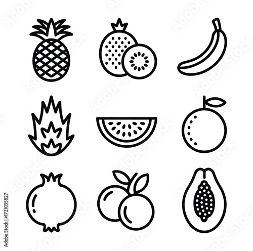 Pineapple pomegranate banana kiwi orange papaya fruit icons