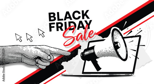 Announce incredible Black Friday deals with this dynamic sale graphic featuring a pointing finger, cursor icons, and a loud megaphone bursting from a laptop screen.