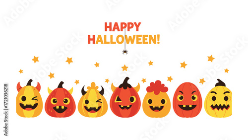 Whimsical Halloween Pumpkin Parade: A delightful illustration showcases a cheerful array of cartoon pumpkins with varied expressions and designs, complemented by festive text.
