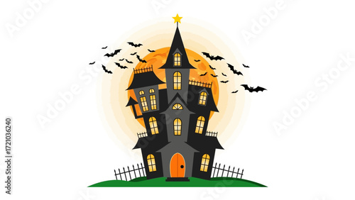 Haunted House under the Spooky Moonlight: A gothic silhouette of a haunted house, illuminated by eerie interior lights and set against the backdrop of a full moon and bats