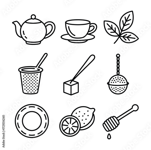 Tea time icons kettle cup leaves strainer sugar cube infuser saucer lemon honey dipper