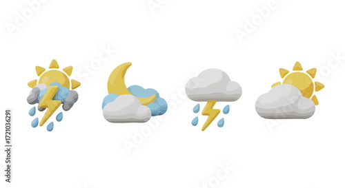 Weather forecast icons showing sun, moon, clouds, rain, and lightning for meteorological apps and educational resources