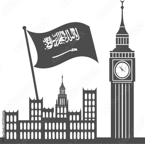Saudi Arabia Mecca Clock Tower Skyline with National Flag