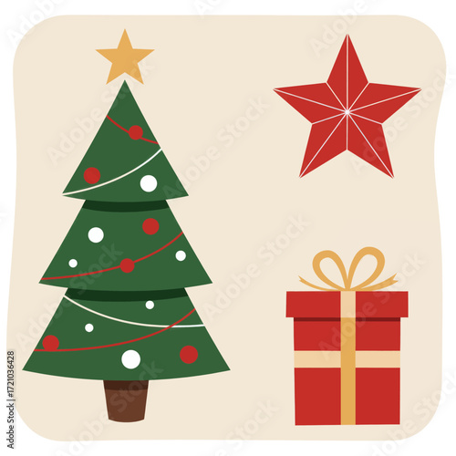 Festive Christmas Tree with Star and Gift Box Illustration