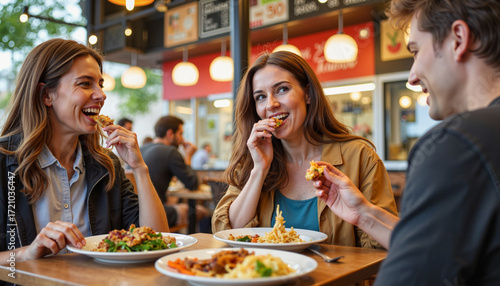 Wallpaper Mural Two friends enjoying a meal in a bustling food court, social connection Torontodigital.ca