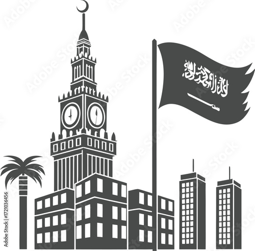Saudi Arabia Mecca Clock Tower Skyline with National Flag