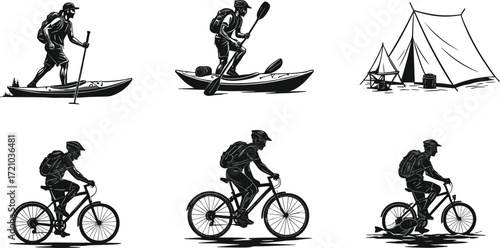 Outdoor recreation vector illustration, paddleboarding, kayaking, camping, cycling, adventure, active lifestyle, backpacking, nature exploration, fitness, black white design