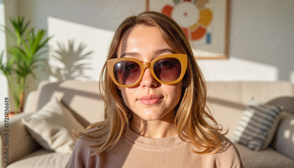 Obraz premium Young girl wearing oversized sunglasses in bright living room, style statement
