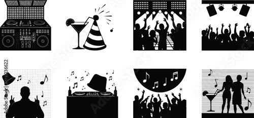 Party illustration, music festival, DJ mixer, dance crowd, concert lights, cocktail glass, nightlife celebration, musical performance, entertainment design, black and white vector