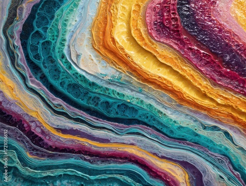 Abstract Fluid Acrylic Painting: Vibrant Swirls of Teal, Gold, and Burgundy in a Layered, Textured Design.