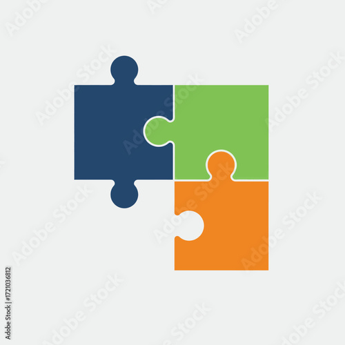 Three jigsaw puzzle pieces in dark blue, green, and orange, symbolizing teamwork, strategy, and problem-solving for business or personal development