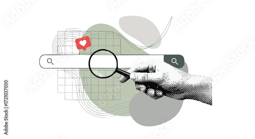 Discovering valuable insights with a magnifying glass over a search bar and a liked notification, representing online research and engagement.