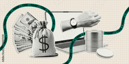 Trendy paper cutout collage elements with doodles. Halftone money stickers. Modern collage template. 