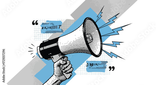 Illustration of a hand holding a megaphone with quote bubbles and lightning bolts.