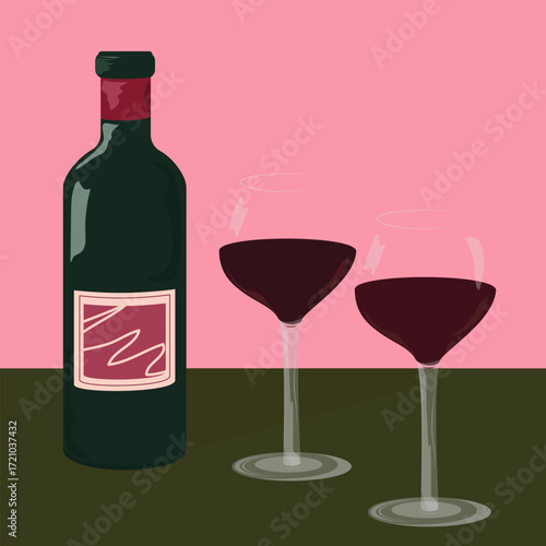 A hand-drawn bottle of wine and two glasses of red wine. Siesta. A poster with wine and glasses.