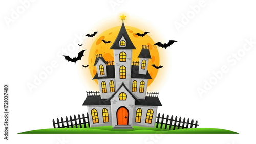 Haunted Halloween Castle Illustration: A spooky illustration of a haunted castle at night, set against a full moon with bats soaring, embodies the eerie spirit of Halloween.