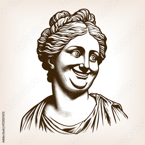 ancient Greek statue bust, featuring ornate hair, and an unusual smiling expression sketch engraving generative ai fictional character vector illustration. Scratch board. Black and white image.