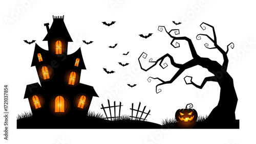 Spooky Silhouette: A haunting silhouette of a haunted house on a Halloween night with a jack o' lantern and a ominous tree.