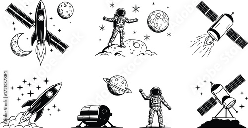 Space exploration vector illustration, rocket launch, astronaut, satellite, space capsule, planets, stars, astronomy, science education, black white design, cosmic adventure
