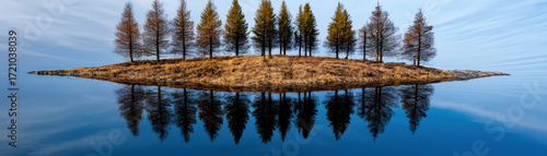 Weird angles and unconventional perspectives create surreal scene of trees on island reflected in calm water