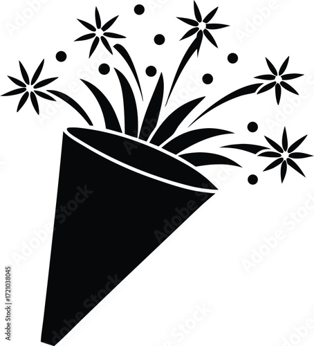 cone celebration fireworks silhouette vector, party sparkler rocket illustration
