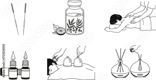 Wellness vector illustration, acupuncture, massage therapy, cupping, aromatherapy, essential oils, herbal medicine, holistic healing, alternative health, black white design
