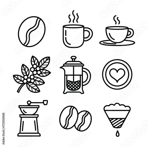 Coffee icons bean cup plant press grinder filter coffee bean