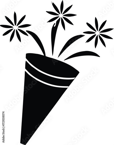 cone celebration fireworks silhouette vector, party sparkler rocket illustration
