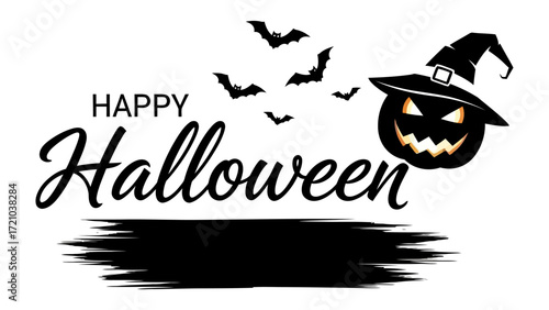 Halloween Festivity: A whimsical Halloween-themed illustration with a grinning jack-o'-lantern wearing a witch's hat and silhouetted bats soaring against the backdrop of Happy Halloween text.