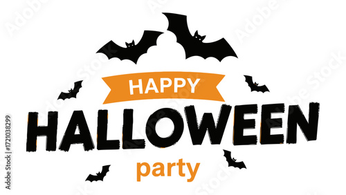 Happy Halloween Party Celebration: A spooky and festive graphic design showcases the joyful atmosphere of Halloween, featuring iconic symbols of the holiday such as bats. 