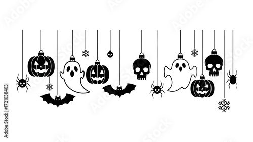 Spooky Halloween Ornaments: An artistic rendering of hanging spooky-themed ornaments, including grinning pumpkins, ghostly apparitions, sinister skulls, and creepy crawlies.