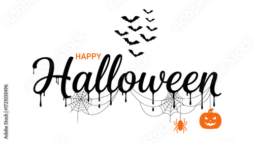 Halloween Graphic Elements: A festive and playful Halloween graphic features classic seasonal elements, including bats, spiderweb, and a grinning jack-o'-lantern. 
