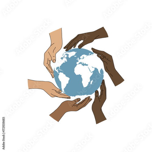 Diverse hands encircling a vibrant globe, symbolizing global unity, connection, and environmental stewardship