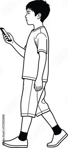 A black and white illustration of a young boy walking while looking at his mobile phone.