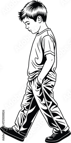 Black and white illustration of a young boy walking with his head down and hands in his pockets, appearing sad or contemplative.