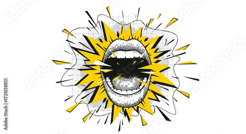 Illustration of an open mouth with a yellow and black explosion effect, representing a loud sound.