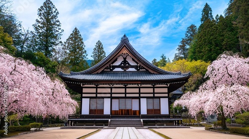 Tranquil japanese wooden temple surrounded by cherry blossoms japan gigapixel image serene environment captivating view