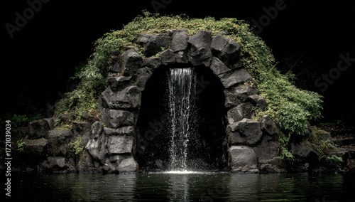 Dark waterfall through stone archway