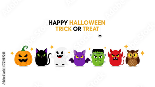 Halloween Delight: A captivating ensemble of cartoon characters comes to life, including a mischievous jack-o'-lantern, a sleek black cat, a friendly ghost, a charming bat, the infamous monster.