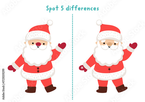Christmas find differences game for children. Winter holiday educational activity with Santa Claus. Cute puzzle for kids with funny New Year character. Printable worksheet, page