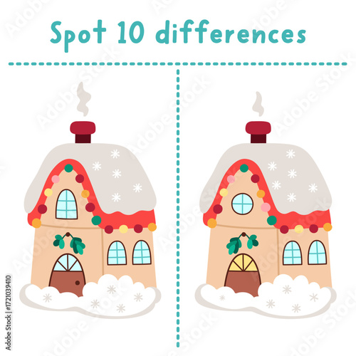 Christmas find differences game for children. Winter holiday educational activity with Santa Claus house. Cute puzzle for kids with funny New Year home. Printable worksheet, page