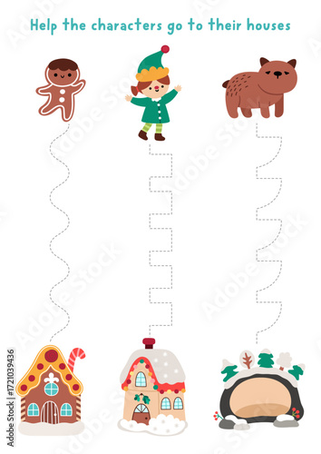 Vector Christmas handwriting practice worksheet with gingerbread man, elf and bear going to their houses. Printable activity for preschool kids with cute homes. Winter holiday tracing game