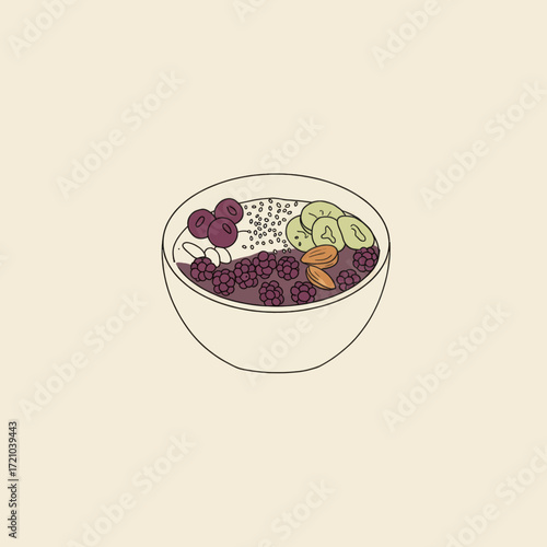 Delicious and Healthy Acai Bowl with Berries, Banana, Kiwi, and Chia Seeds - Vector Illustration