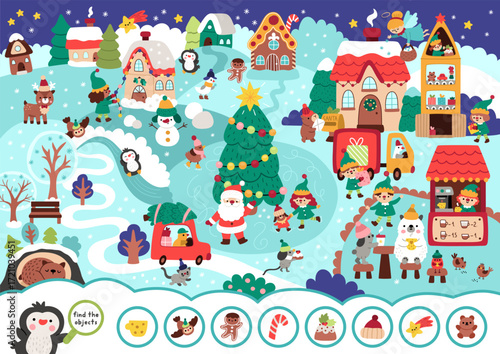 Vector searching game with Christmas village landscape. Spot hidden objects. New Year seek and find printable activity for kids. Winter holiday worksheet with tree, elves, animals, Santa Claus
