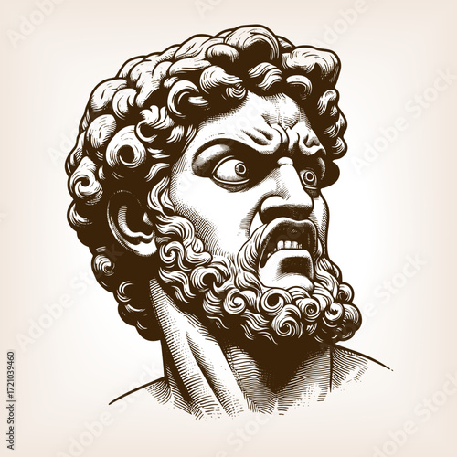 statue head with curly hair and beard, showing intense angry expression and dramatic eyes sketch engraving generative ai fictional character vector illustration. Scratch board. Black and white image.