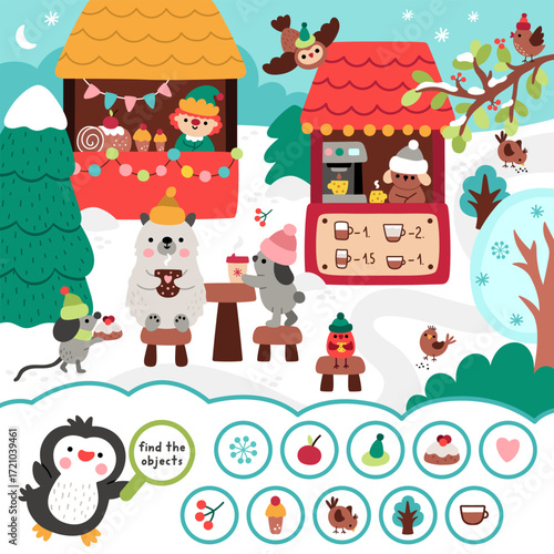 Vector searching game with Christmas village landscape. Spot hidden objects. New Year seek and find printable activity for kids. Winter holiday worksheet with fair with stalls, drinks, sweets