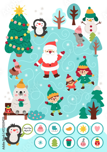 Vector searching game with Christmas landscape. Spot hidden objects. New Year seek and find printable activity for kids. Winter holiday worksheet with Santa Claus and animals skating on rink