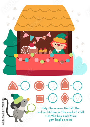 Vector searching game with Christmas fair landscape. Spot the objects. New Year seek and find printable activity for kids. Winter holiday worksheet. Help mouse find cookies hidden in market stall